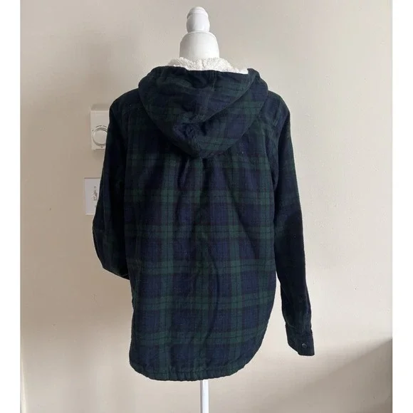 LL Bean Womens Medium Scotch Plaid Flannel Fleece Lined Hoodie Green Blue - Picture 6 of 6